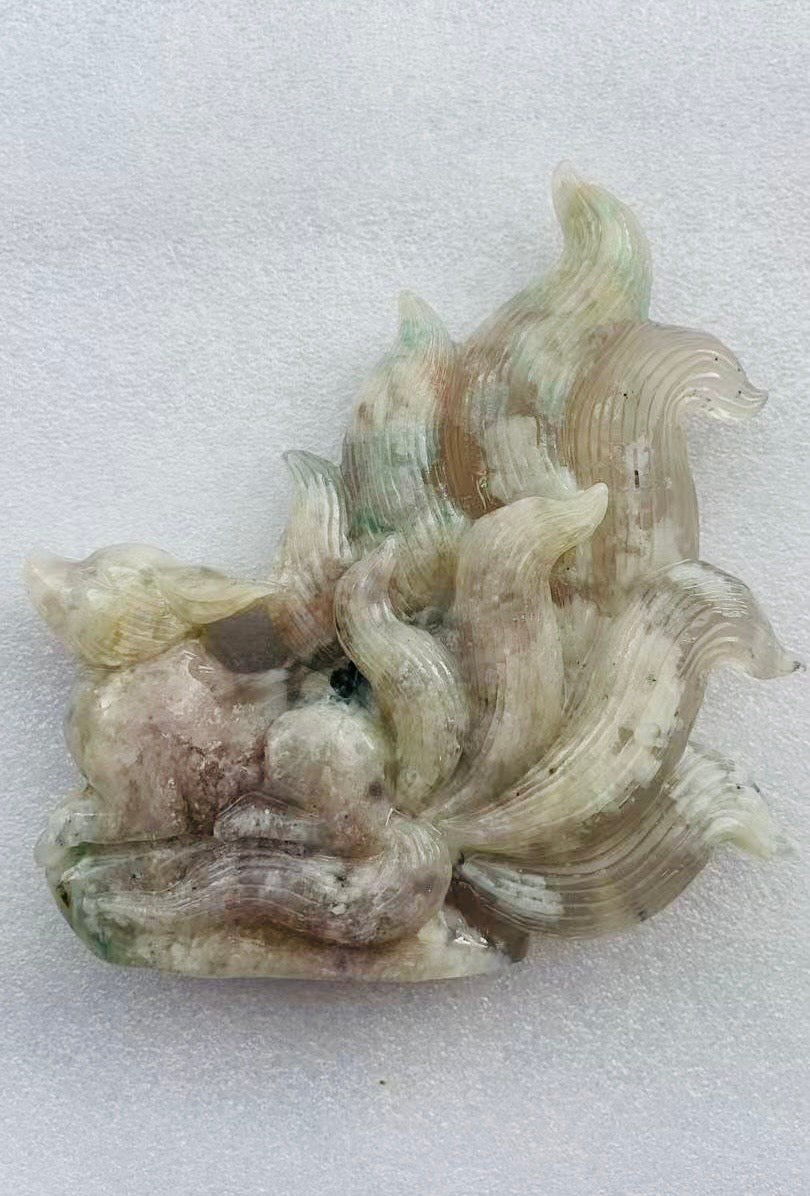 Vivid Green rainbow cherry blossom agate Fox carving