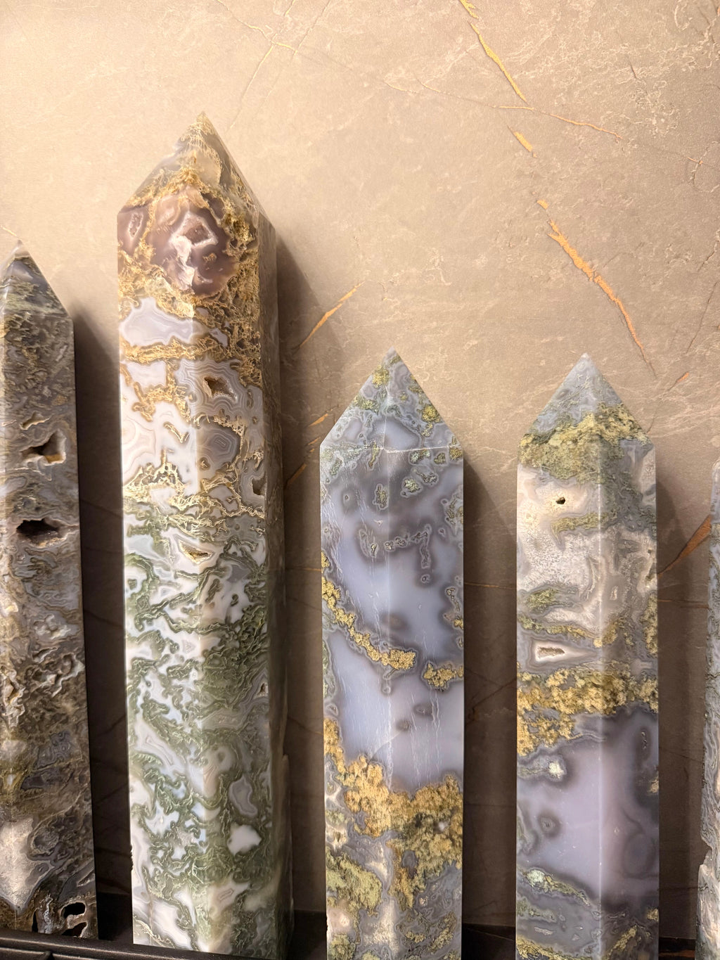 Druzy blue green moss agate towers
