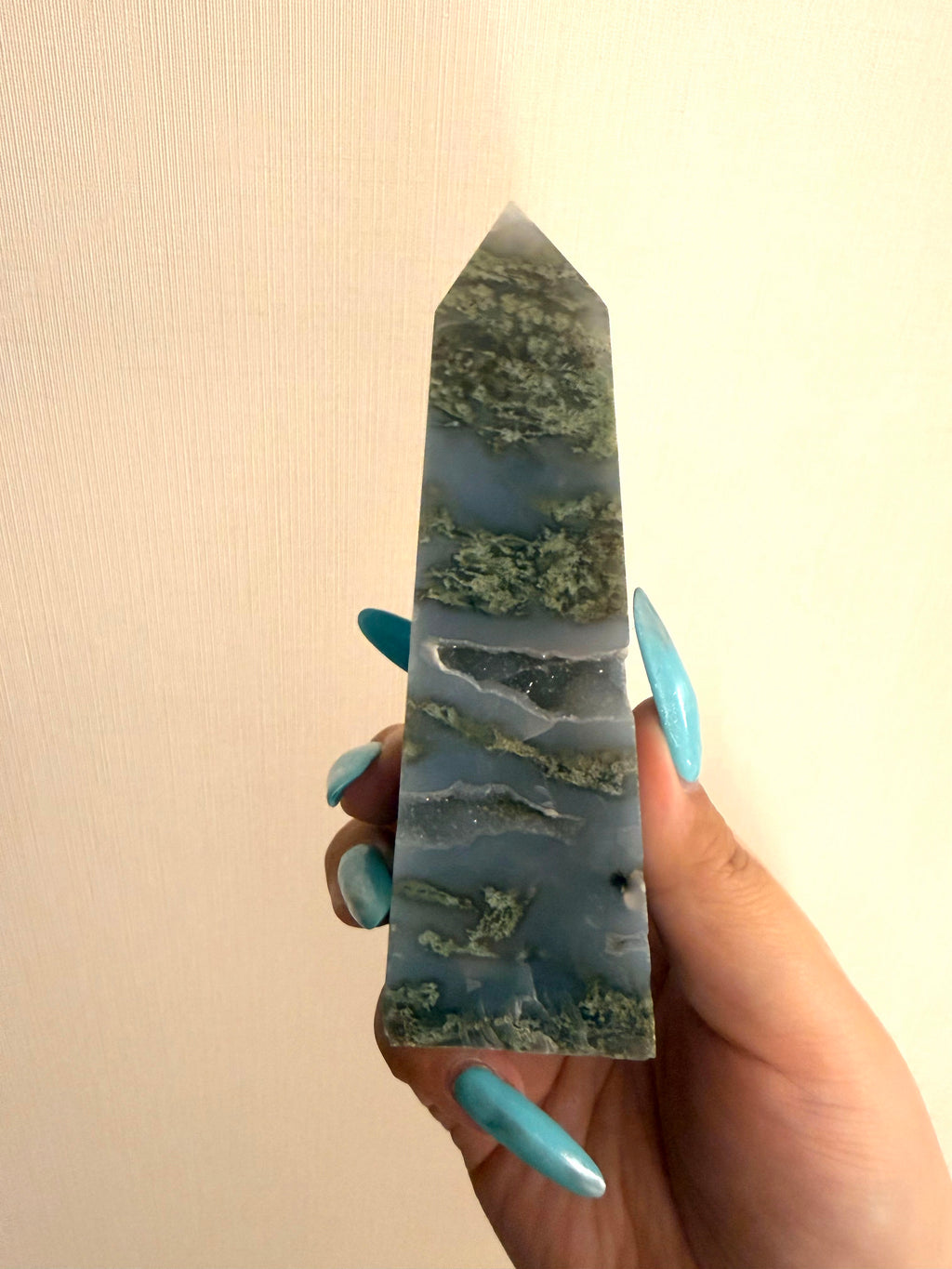 Druzy blue green moss agate towers