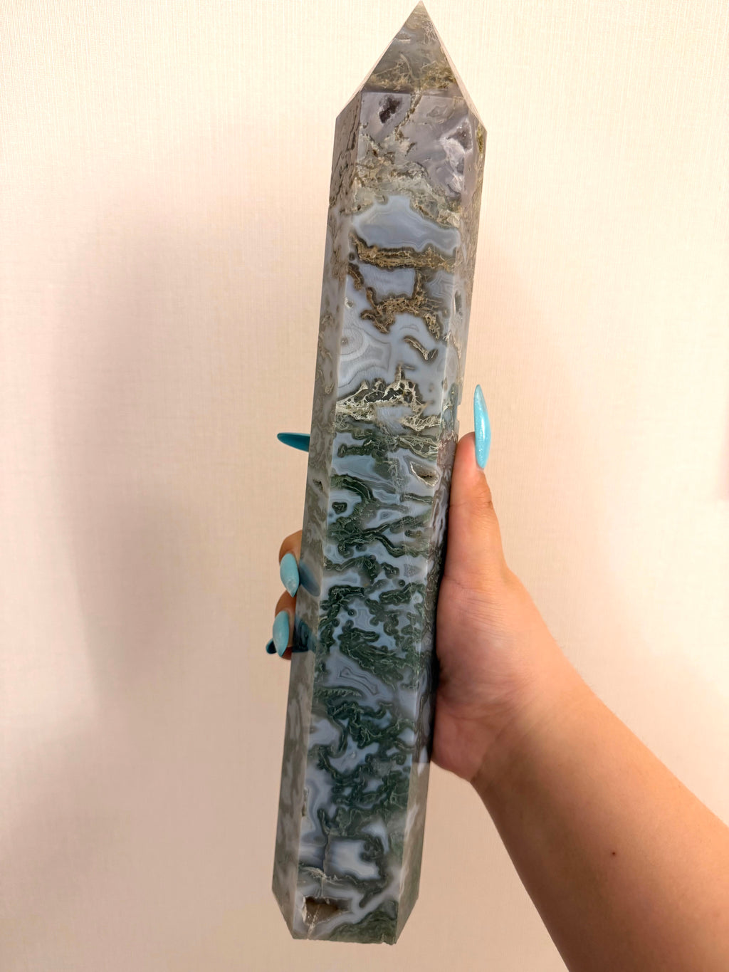 Druzy blue green moss agate towers