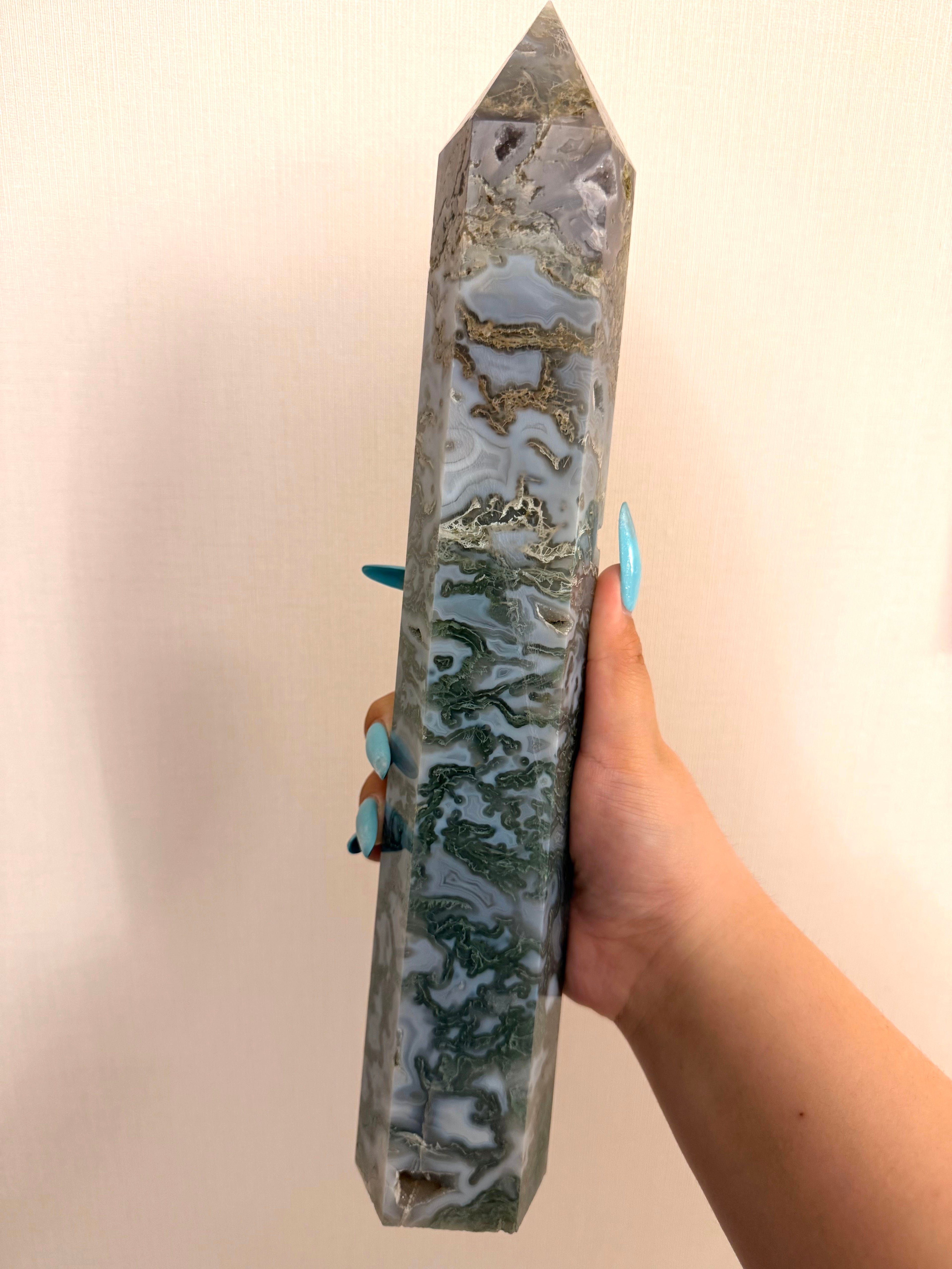 Druzy blue green moss agate towers