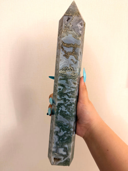 Druzy blue green moss agate towers