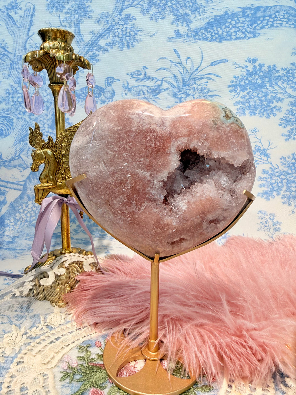Illusion Pink Amethyst druzy with  moss Heart 003