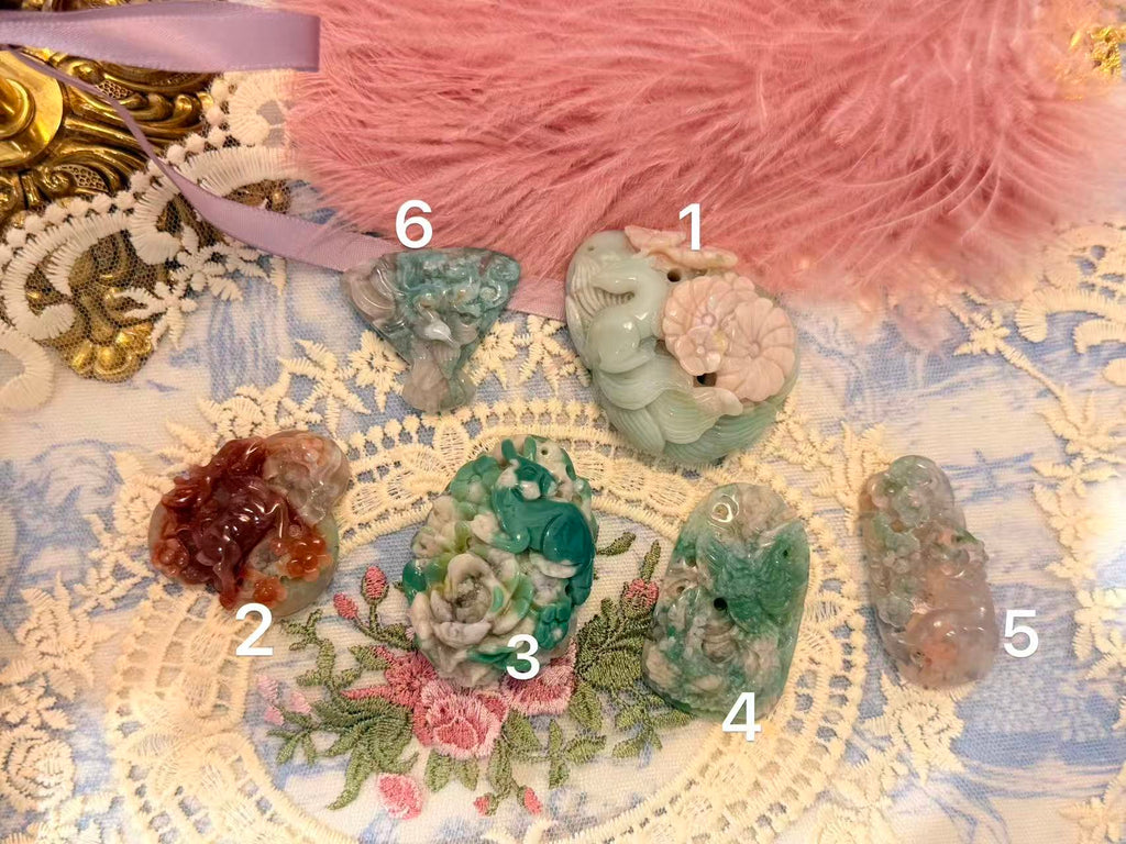 Rainbow peach green flower agate pendants