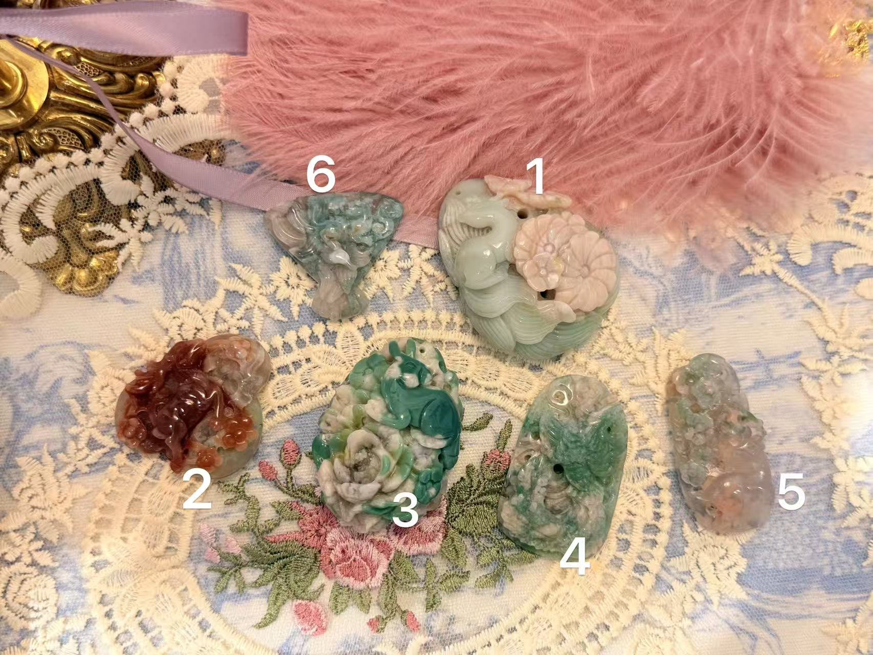 Rainbow peach green flower agate pendants
