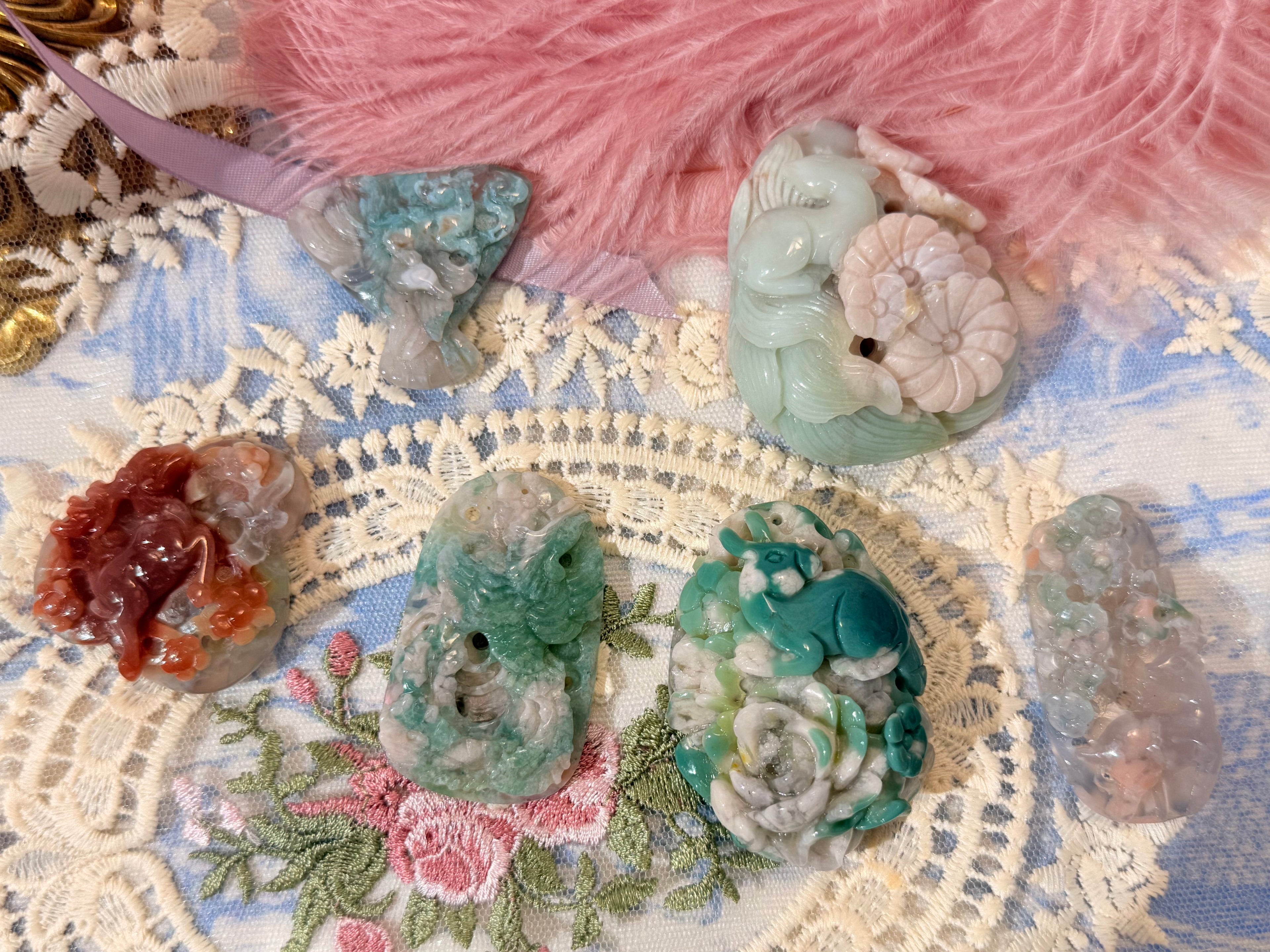 Rainbow peach green flower agate pendants