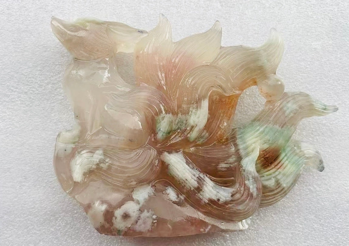 Vivid Green rainbow cherry blossom agate Fox carving