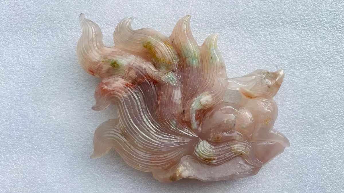 Vivid Green rainbow cherry blossom agate Fox carving