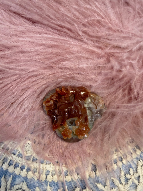 50% off Rainbow peach green flower agate nine tail fox/deer pendant